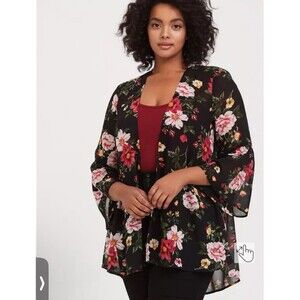 Torrid Black Floral Chiffon Kimono Size 1X/2X Open Front Sheer Lightweight